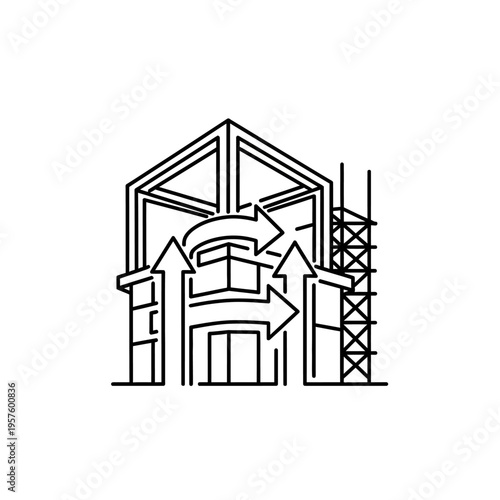 Modern house renovation logo with wrench and hammer tools, isolated white background.