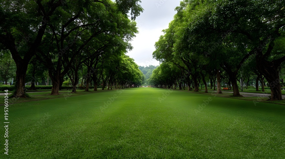 Obraz premium A long green park avenue lined with mature trees under an overcast sky offering a serene and empty vista