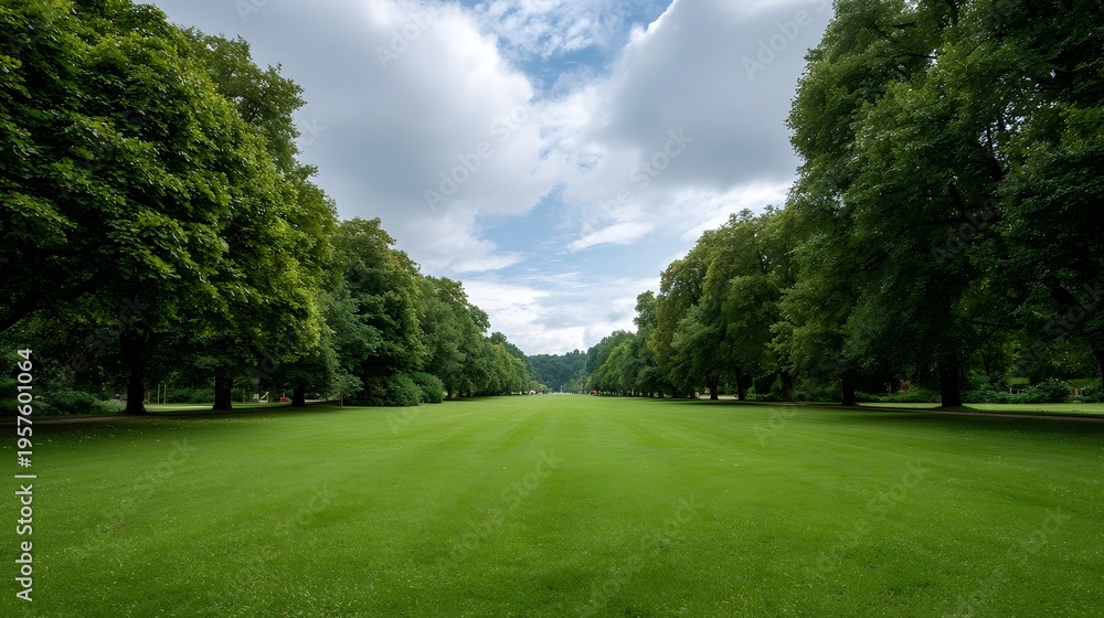 Obraz premium Expansive green park lawn lined with trees leading towards the horizon under a partly cloudy sky
