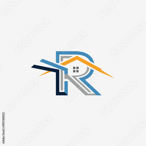 Modern house renovation logo with wrench and hammer tools, isolated white background.