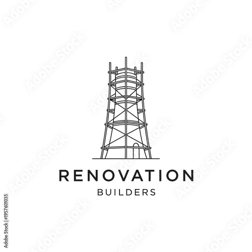 Modern house renovation logo with wrench and hammer tools, isolated white background.
