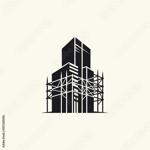 Modern house renovation logo with wrench and hammer tools, isolated white background.