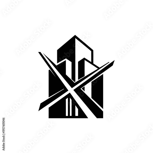 Modern house renovation logo with wrench and hammer tools, isolated white background.