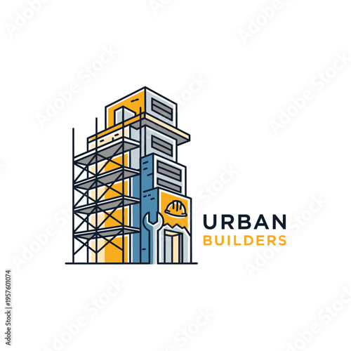 Modern house renovation logo with wrench and hammer tools, isolated white background.