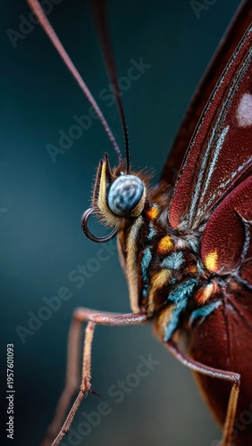 Close-up Macro Photography of a Colorful Butterfly Wing with Intricate Patterns and Vibrant Details in Natural Light