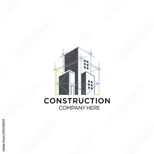 Modern house renovation logo with wrench and hammer tools, isolated white background.