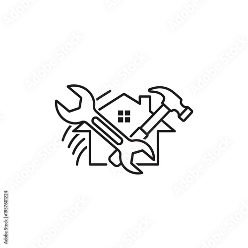 Modern house renovation logo with wrench and hammer tools, isolated white background.