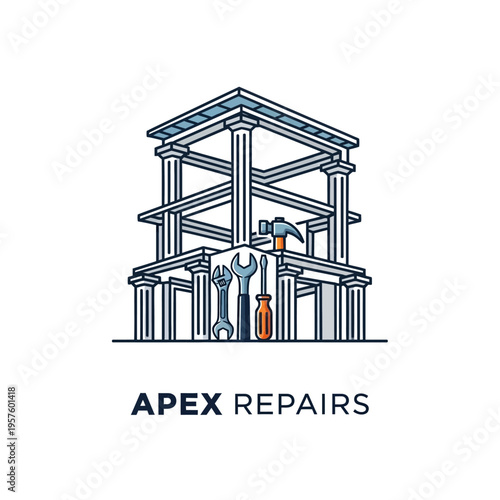 Modern house renovation logo with wrench and hammer tools, isolated white background.