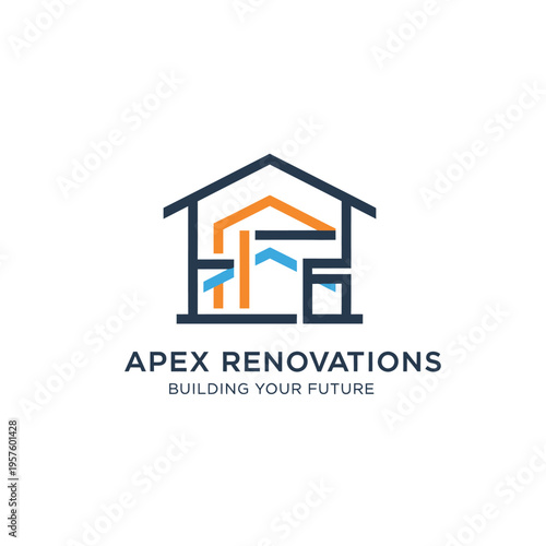 Modern house renovation logo with wrench and hammer tools, isolated white background.