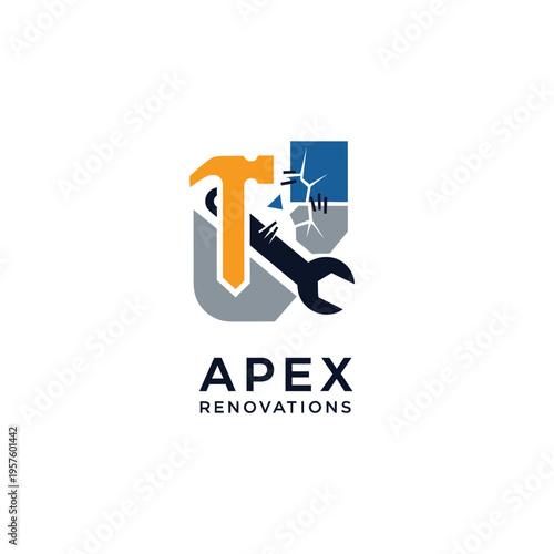Modern house renovation logo with wrench and hammer tools, isolated white background.