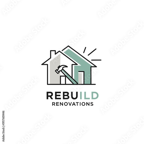 Abstract house rebuild and renovation logo with hammer icon and dynamic lines, isolated white background.