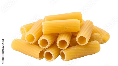 A pile of rigatoni pasta on transparent background