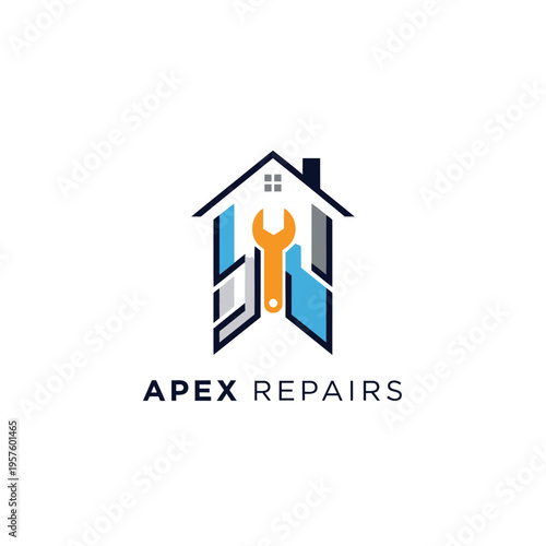 Modern house repair logo with wrench tool icon, symbolizing home maintenance, isolated white background.