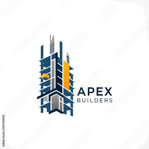 Abstract skyscraper building logo with construction elements and upward arrow, isolated white background.