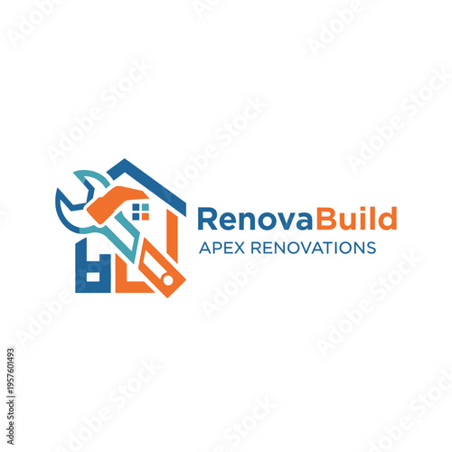 Modern house renovation logo with wrench and hammer tools, isolated white background.