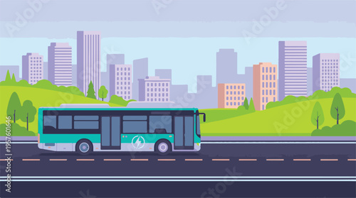 Modern electric bus driving on a city road with urban skyline and green hills