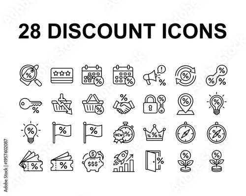 Collection of 28 discount and sale icons designed in a clean and modern style. This set includes percentage symbols, price tags, coupons, special offers, clearance labels, shopping discounts.