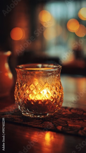 Cozy Glowing Candle in Elegant Glass Holder on Rustic Wooden Table in Ambient Dining Setting