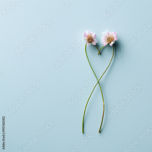 Minimal floral heart shape made from two flower stems on soft blue background