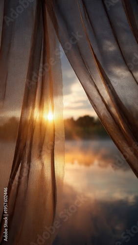 Serene Sunset View Through Sheer Curtains Over Tranquil Lake Creating a Peaceful Atmosphere at Dusk