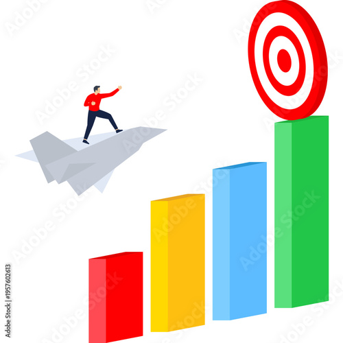 Business growth, increased profits, rising returns or turnover. A businessman stands atop a paper airplane made of cash, soaring over towering bar chart

