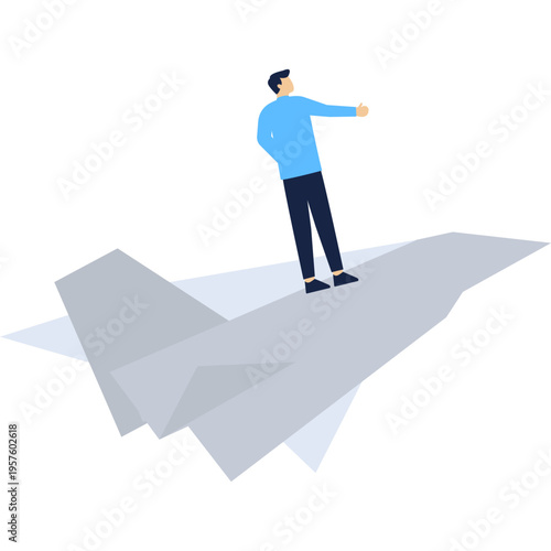 a businessman standing in a paperplane with the sky background. paperplane can be modified into various object suvh as money, form, contract, etc