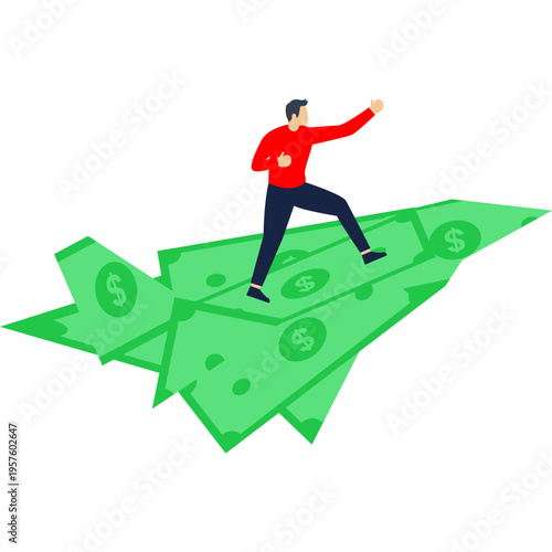 Business or Financial Freedom, Money Freedom, Profits from Career Advancement, Financial Investments, Business Operations, Successful Investments and Money Management, Banknotes Paper Airplanes Carryi