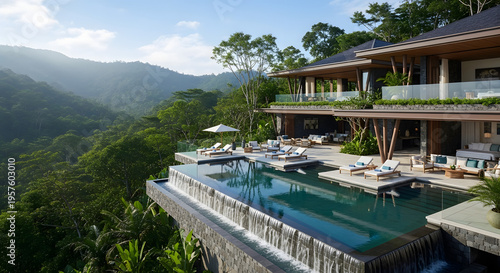 Tropical resort hotel in Thailand features luxury architecture with a private pool overlooking the turquoise sea and white sand beach under a clear summer sky