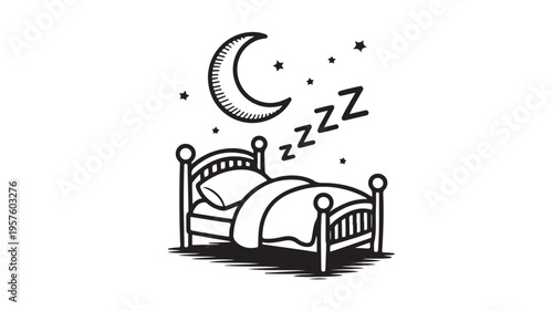 Sleeping bed with moon and stars in simple line drawing for sleep and relaxation