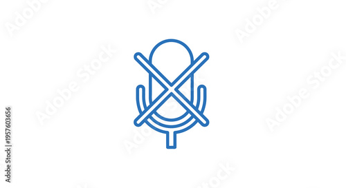 A blue line art illustration depicts a microphone with a prominent do not speak symbol