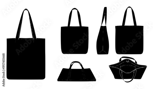 Tote bag silhouette vector icon set black shopping and fashion clipart isolated on white