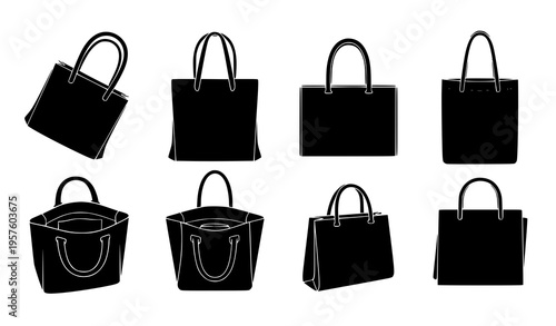 Minimal tote bag silhouette vector icon set black shopping and fashion isolated on white