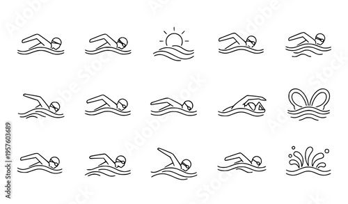 Minimal athletic swim vector icon set with sun and waves isolated on white for swimming and sports