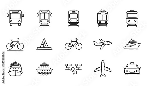 Public transport line icon vector set editable stroke isolated on white bus, train, tram, metro, bicycle, ferry, airplane, taxi
