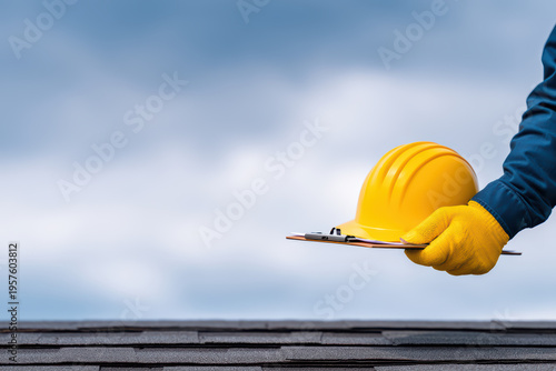 Construction helmet and clipboard held by worker with gloves over roof and cloudy sky background, safety and inspection concept
