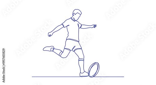 A continuous line drawing depicts a soccer player kicking a ball on a field high quality