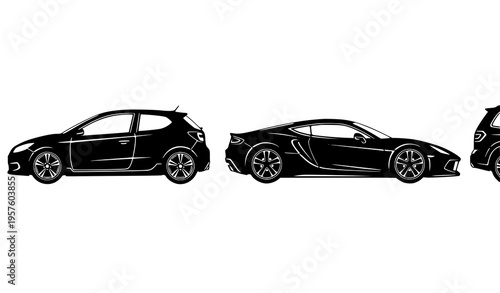 Black and white vector car illustration set four vehicles isolated on white for automotive design