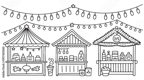 Black and white illustration of three market stalls with string lights in simple line art style for festive holiday decoration