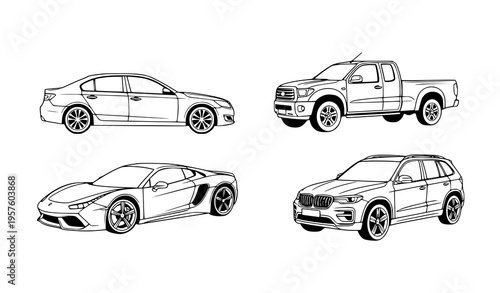 Minimal black and white car vector illustration set four vehicles isolated on white