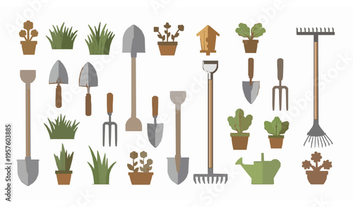 Editable stroke shovel and gardening tool vector icon set with grass isolated on white for landscaping and farming
