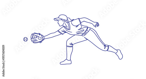 A blue line drawing depicts a female baseball player fielding a ground ball high quality professional