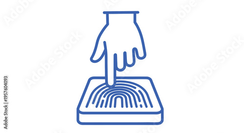 A blue line art illustration depicts a finger pressing on a fingerprint scanner high quality professional