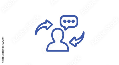 Blue line art depicts a person with a speech bubble and incoming outgoing arrows high quality professional
