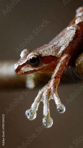 Close-Up of Tree Frog with Detailed Texture and Sticky Pads on Branch in Natural Habitat