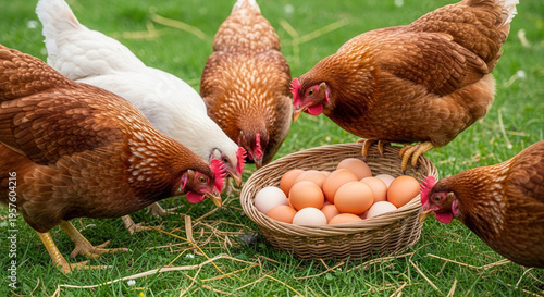 Free-range hens with basket of eggs on grass, organic farming and fresh egg production in outdoor farm environment