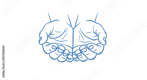 A simple line drawing depicts a pair of cupped hands open and facing upwards high quality