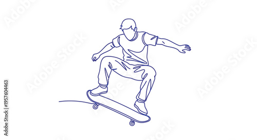 A continuous line drawing depicts a young man dynamically skateboarding in mid air high quality professional detailed