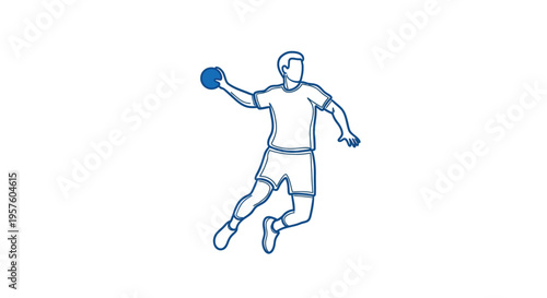 A blue line drawing depicts a handball player in mid air preparing to throw high quality professional