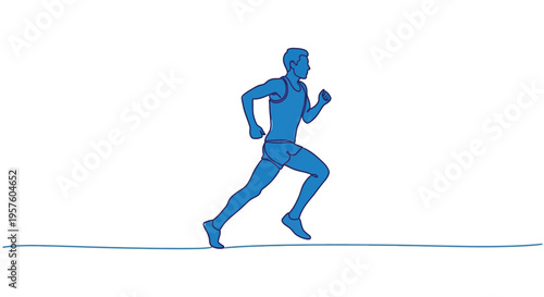 A blue line drawing depicts a male figure in motion actively running forward high quality professional