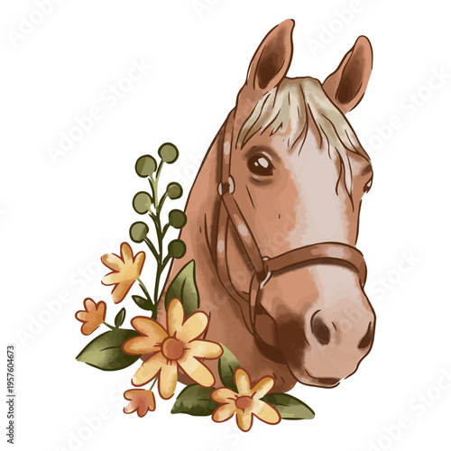 Horse with flowers and a bridle